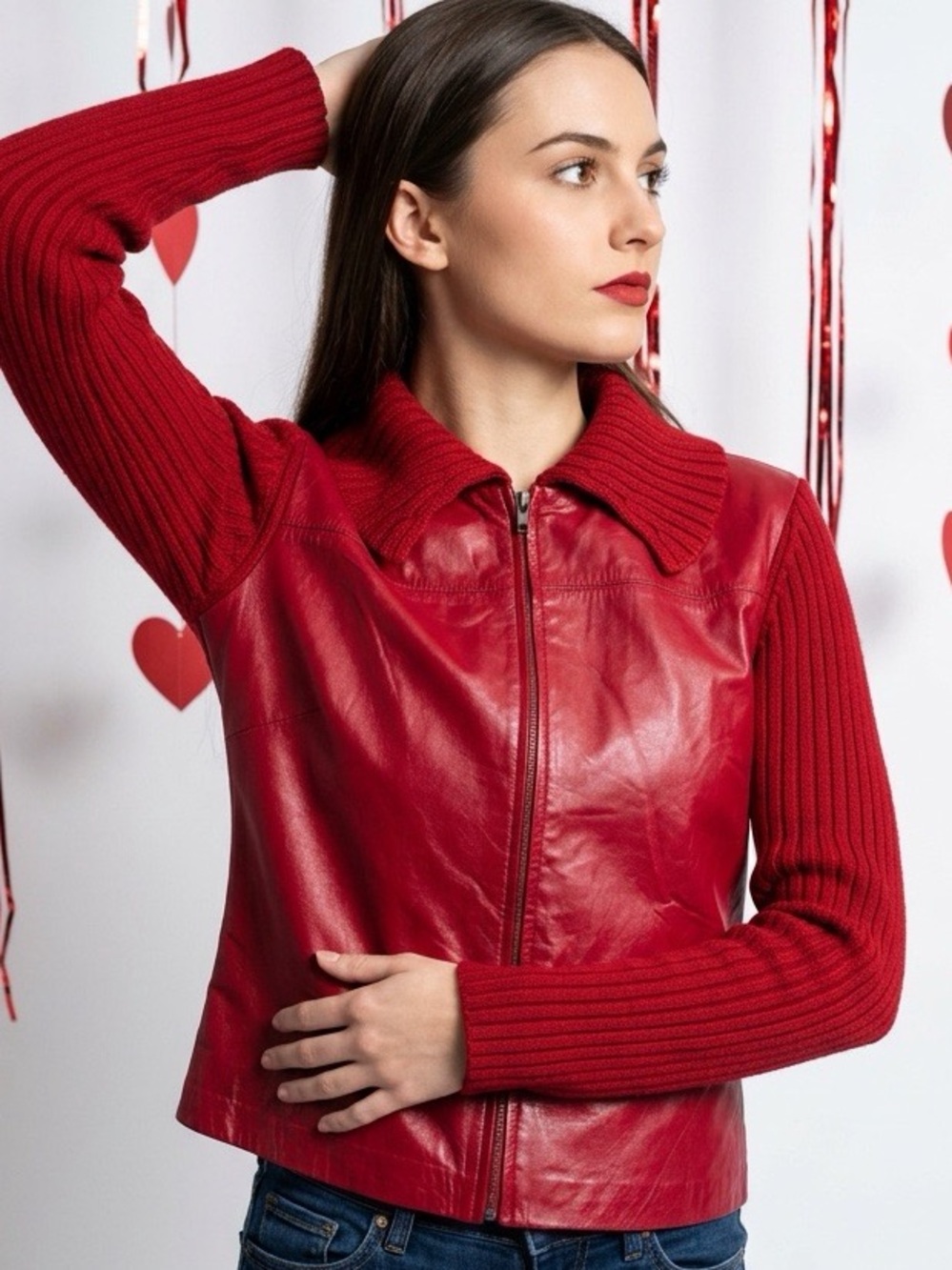 Red Leather Zip Vintage Jacket knit sleeves & Back  Small